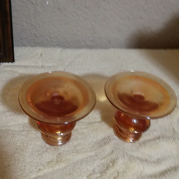 SOLD   Vintage Depression Glass Amber Candlestick holders set of 2 - Picture 6 of 8